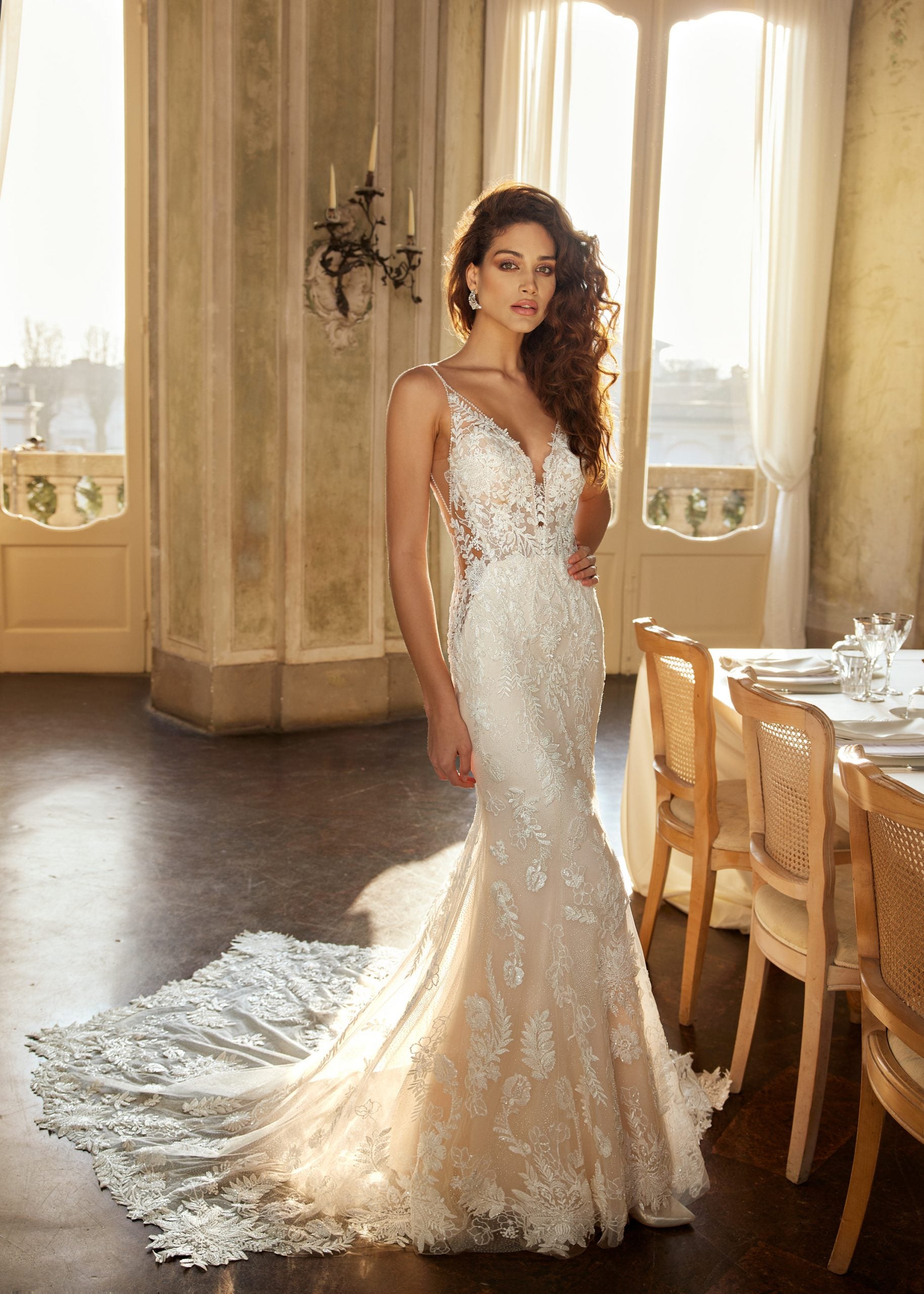 Off The Shoulder Deep V-neckline Sheath Crystal Embellished Wedding Dress |  Kleinfeld Bridal
