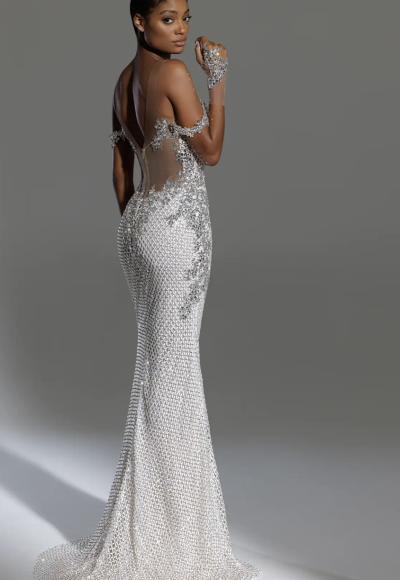 Off The Shoulder Deep V-neckline Sheath Crystal Embellished Dress by Pnina Tornai - Image 3