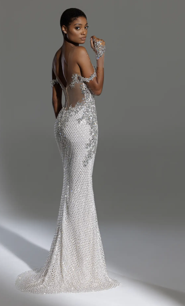 Off The Shoulder Deep V-neckline Sheath Crystal Embellished Dress by Pnina Tornai - Image 3