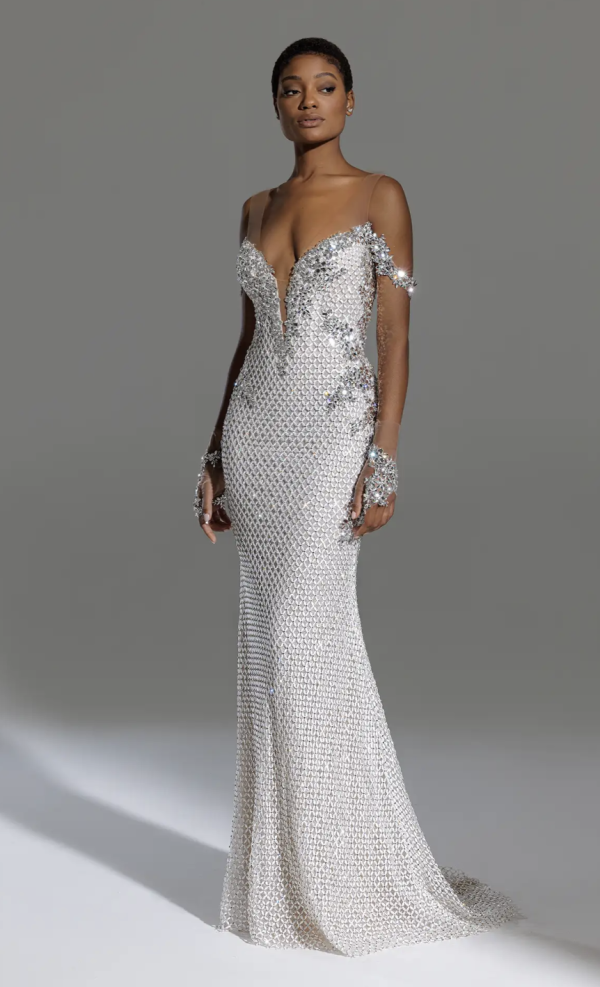 Off The Shoulder Deep V-neckline Sheath Crystal Embellished Dress by Pnina Tornai - Image 2