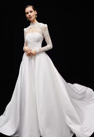 Strapless Satin Ballgown Wedding Dress With Detachable Long Sleeve Lace Bolero by Alyne by Rita Vinieris