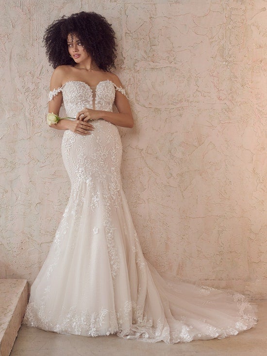 Floral Beaded Mermaid Wedding Dress With Plunging Neckline by Maggie Sottero - Image 1