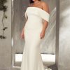 Crepe Off The Shoulder Fit And Flare Simple Wedding Dress by Mikaella - Image 1