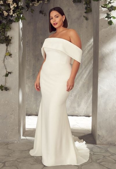Crepe Off The Shoulder Fit And Flare Simple Wedding Dress by Mikaella