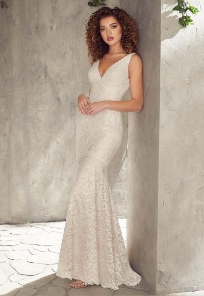 Sleeveless Lace Fit And Flare Wedding Dress With V-neckline And Open Back by Mikaella