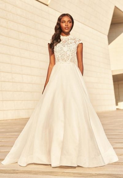 High Neck Cap Sleeve Ballgown Wedding Dress With Lace Bodice by Paloma Blanca