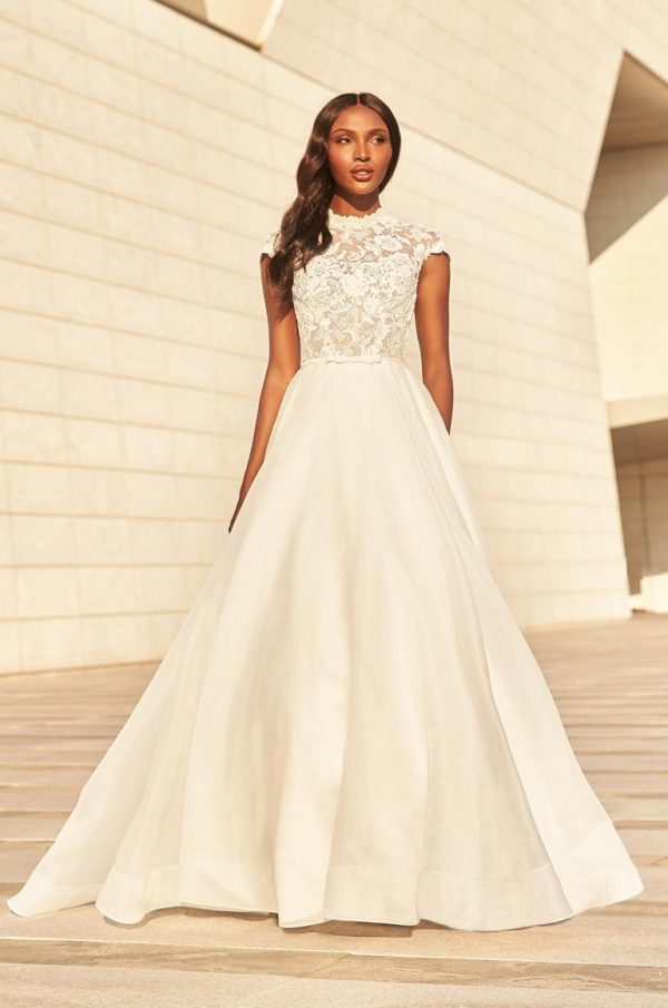 High Neck Cap Sleeve Ballgown Wedding Dress With Lace Bodice by Paloma Blanca - Image 1