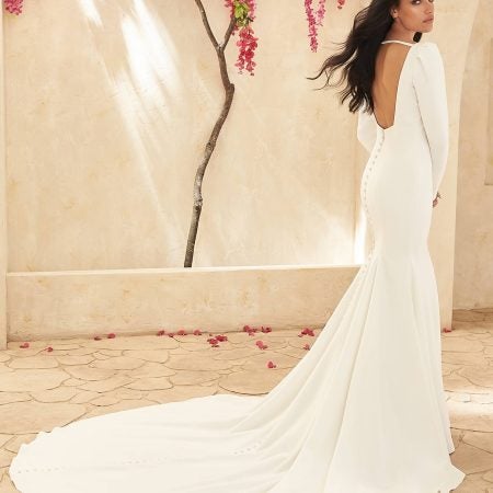 Long Sleeve Square Neck Fit And Flare Wedding Dress With Open Back