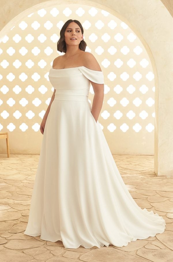 Off The Shoulder Ball Gown Wedding Dress With Draped Bodice by Paloma Blanca - Image 1