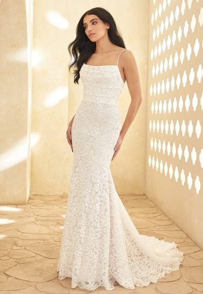 Spaghetti Strap Lace Fit And Flare Wedding Dress With Open Back by Paloma Blanca