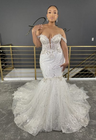 Off The Shoulder Deep V Neckline Mermaid Wedding Dress With Sequins And Bling by Pantora Bridal