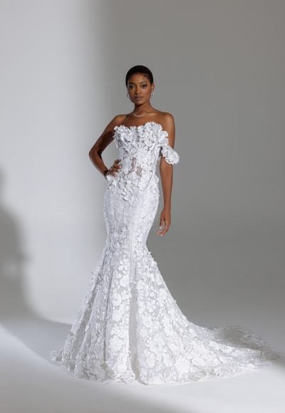 Embroidered Fit And Flare Wedding Dress With Off The Shoulder Strap by Pnina Tornai