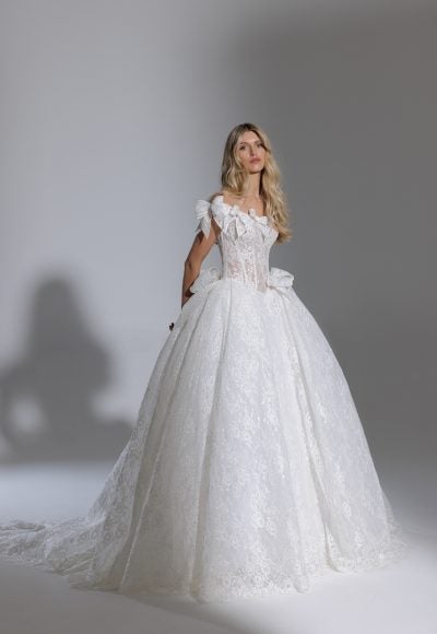 Lace Ball Gown Wedding Dress With Bow Details by Pnina Tornai