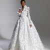 Long Puff Sleeve V-neckline Lace Ball Gown Wedding Dress by Pnina Tornai - Image 1