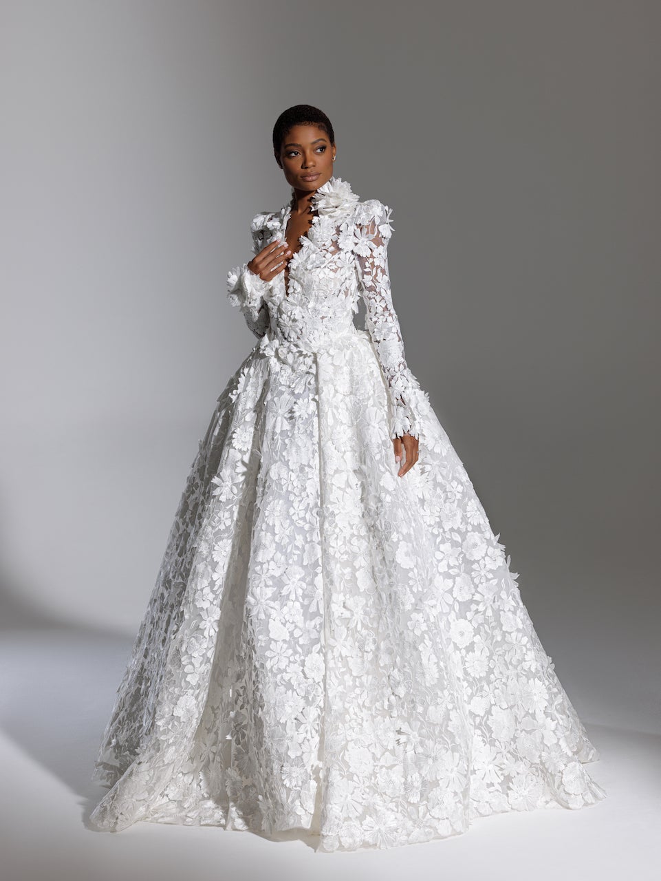 Long Puff Sleeve V-neckline Lace Ball Gown Wedding Dress