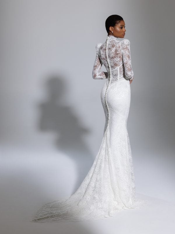 Long Sleeve High Neckline Lace Fit And Flare Wedding Dress With Bow And Puff Sleeves by Pnina Tornai - Image 2