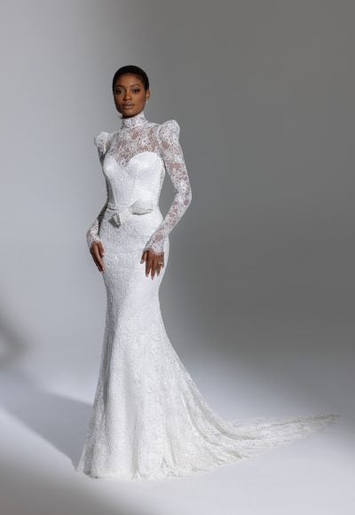 Long Sleeve High Neckline Lace Fit And Flare Wedding Dress With Bow And Puff Sleeves by Pnina Tornai
