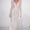 Long Sleeve V-neckline Jumpsuit With White 3d Lace Florals by Pnina Tornai - Image 1