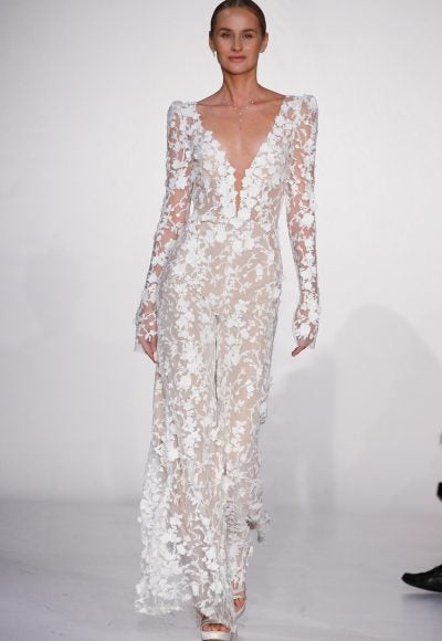 Long Sleeve V-neckline Jumpsuit With White 3d Lace Florals by Pnina Tornai