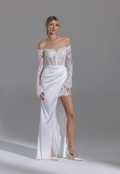 Off The Shoulder Long Sleeve Lace Wedding Dress With Crepe Slit Skirt by Pnina Tornai