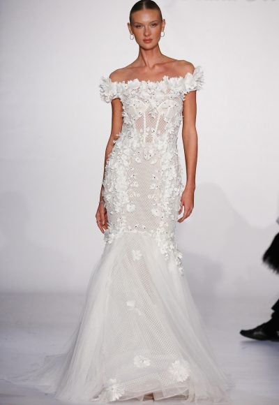 Off The Shoulder Mermaid Wedding Dress With Net And Embroidered Detail by Pnina Tornai