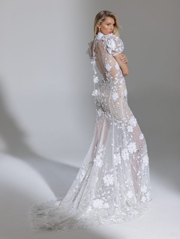 Short Sleeve High Neckline Sequin Lace Wedding Dress With High Slit by Pnina Tornai - Image 2