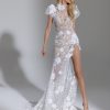 Short Sleeve High Neckline Sequin Lace Wedding Dress With High Slit by Pnina Tornai - Image 1