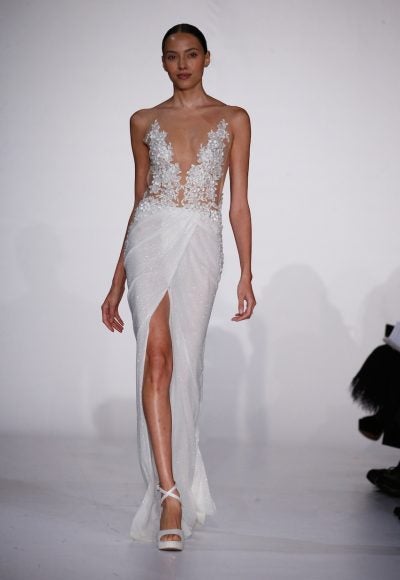 Sleeveless Deep V-neckline Sheath Wedding Dress With Illusion Bodice And Glitter Skirt With Front Slit by Pnina Tornai