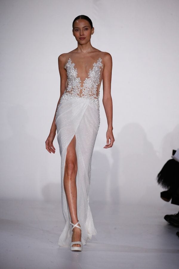 Sleeveless Deep V-neckline Sheath Wedding Dress With Illusion Bodice And Glitter Skirt With Front Slit by Pnina Tornai - Image 1