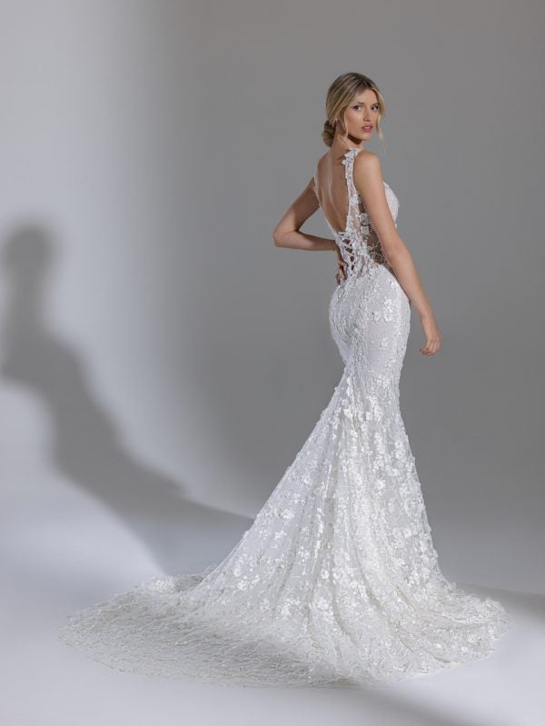 Sleeveless Square Neckline Fit And Flare Floral Lace Wedding Dress by Pnina Tornai - Image 2