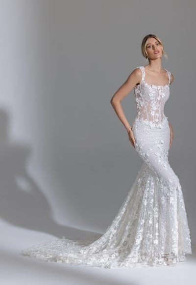 Sleeveless Square Neckline Fit And Flare Floral Lace Wedding Dress by Pnina Tornai