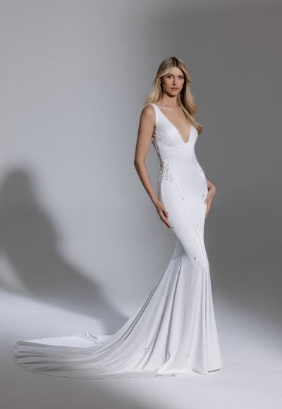 Sleeveless V-neckline Crepe Sheath Wedding Dress With Embellished Back by Pnina Tornai