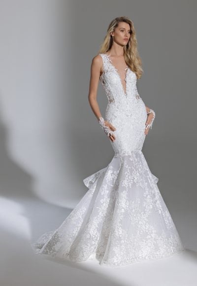 Sleeveless V-neckline Lace Mermaid Wedding Dress by Pnina Tornai