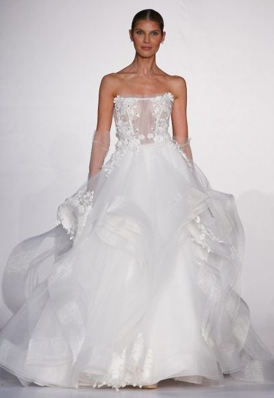 Strapless A-line Wedding Dress With Tulle Layered Skirt And Floral Embroidered Appliques by Pnina Tornai