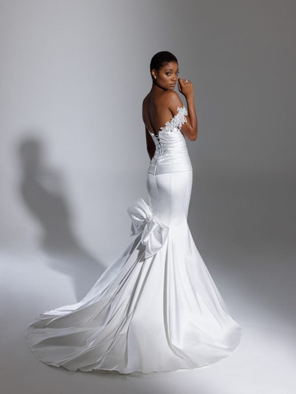 Strapless Satin Ruched Mermaid Wedding Dress With Off The Shoulder Strap by Pnina Tornai - Image 2