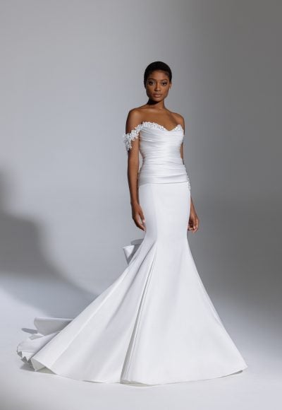 Strapless Satin Ruched Mermaid Wedding Dress With Off The Shoulder Strap by Pnina Tornai