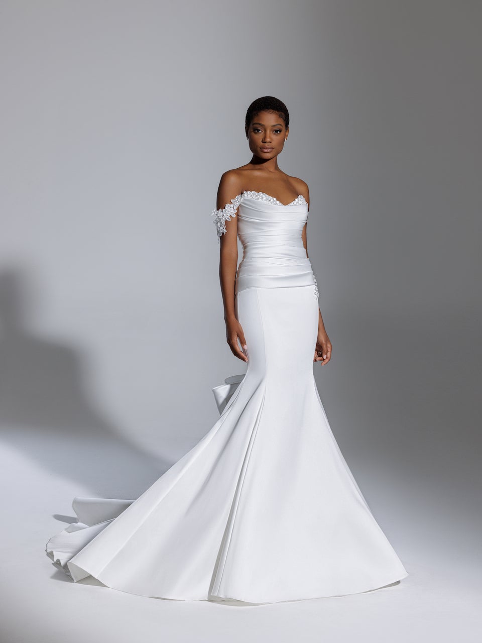 Shop simple off the shoulder white ruched satin wedding dress from