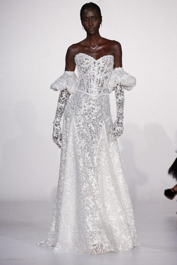 Strapless Sweetheart Neckline A-line Floral Sequin Lace Wedding Dress With Detachable Sleeves by Pnina Tornai - Image 1