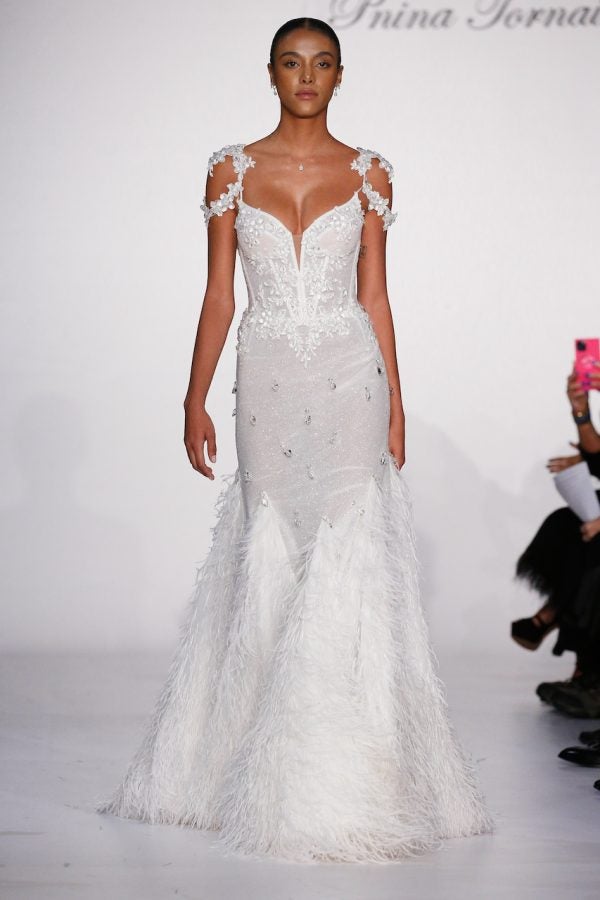 Sweetheart Neckline Glitter Mermaid Wedding Dress With Feather Skirt by Pnina Tornai - Image 1