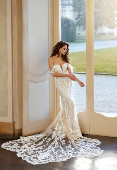 Lace Strapless Fit And Flare Wedding Dress With Off The Shoulder Straps by Randy Fenoli