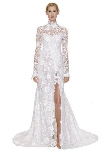 Lace High Neckline Long Sleeve Fit And Flare Wedding Dress by Reem Acra