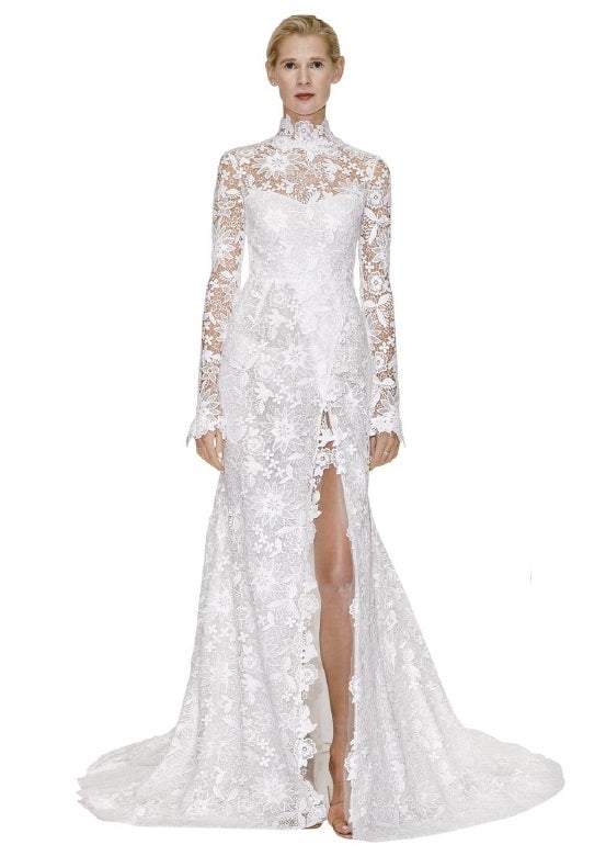 Lace High Neckline Long Sleeve Fit And Flare Wedding Dress by Reem Acra - Image 1