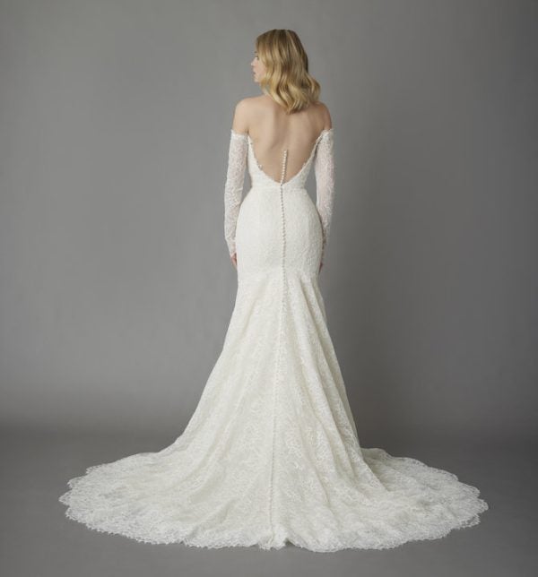 Lace Fit And Flare Wedding Dress With Off The Shoulder Long Sleeves And Open Illusion Back by Allison Webb - Image 2