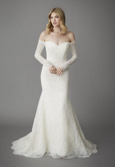 Lace Fit And Flare Wedding Dress With Off The Shoulder Long Sleeves And Open Illusion Back by Allison Webb