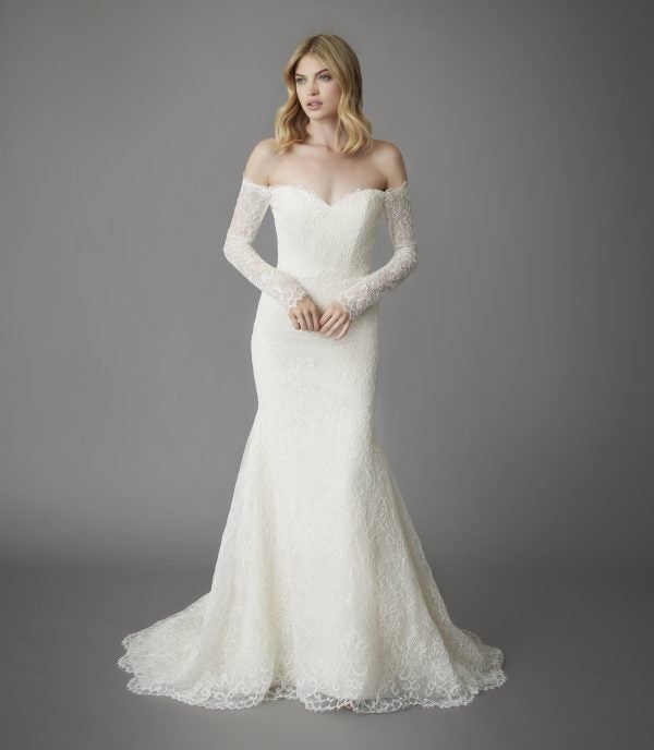 Lace Fit And Flare Wedding Dress With Off The Shoulder Long Sleeves And Open Illusion Back by Allison Webb - Image 1