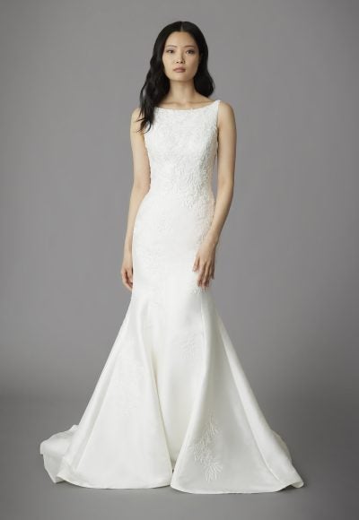 Sleeveless Scoop Neckline Fit And Flare Mikado Wedding Dress With Lace Embroidery And Open Back With Bow. by Allison Webb