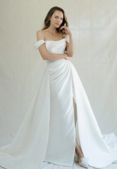 Off The Shoulder A-line Wedding Dress With Attached Overskirt by Anne Barge