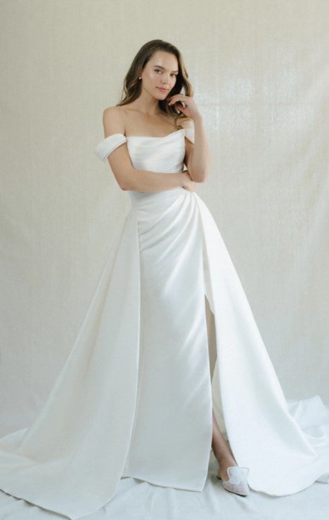 Off The Shoulder A-line Wedding Dress With Attached Overskirt by Anne Barge - Image 1