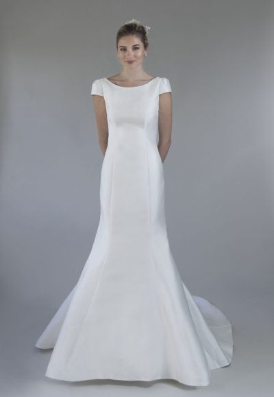 Cap Sleeve Mikado Fit And Flare Wedding Dress With Keyhole Back by Augusta Jones