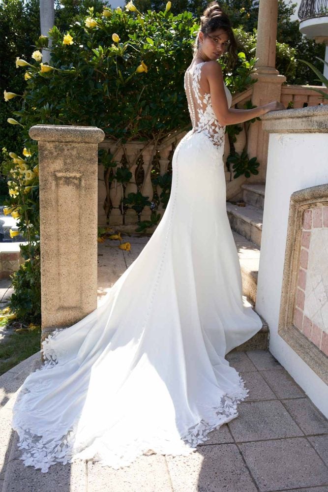 Sleeveless V-neck Embroidered Lace Wedding Dress With Illusion Back ...
